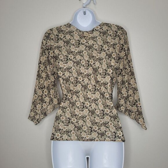 Vintage 90s tan retro flower print 3/4 sleeve Stevie Nicks top size small - Picture 2 of 6